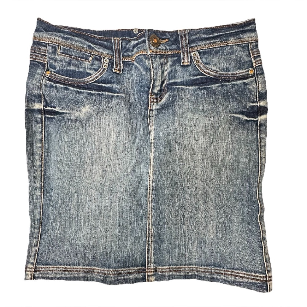 Dollhouse Vintage Denim Skirt Juniors Size 9 Y2K Mini Rhinestone Pockets Stretch